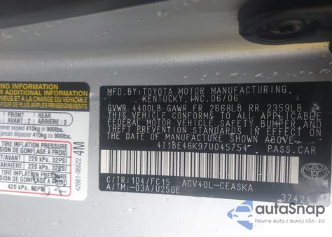 2007 Toyota Camry Se из США, поврежденный, VIN 4T1BE46K97UO45754